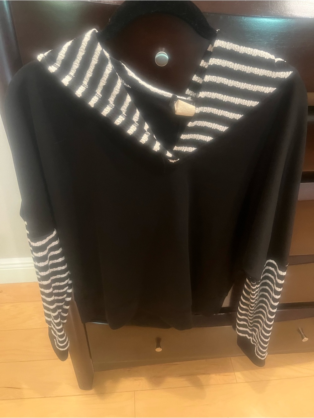 Ariella Black Hooded Sweater with White Stripe Accents